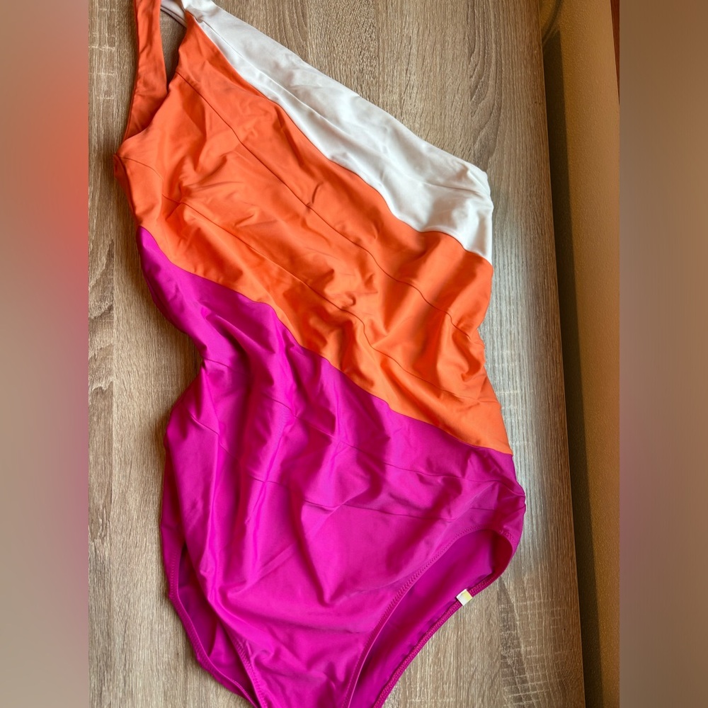 Summersault viral swimsuit one shoulder size 14long pink, white and orange